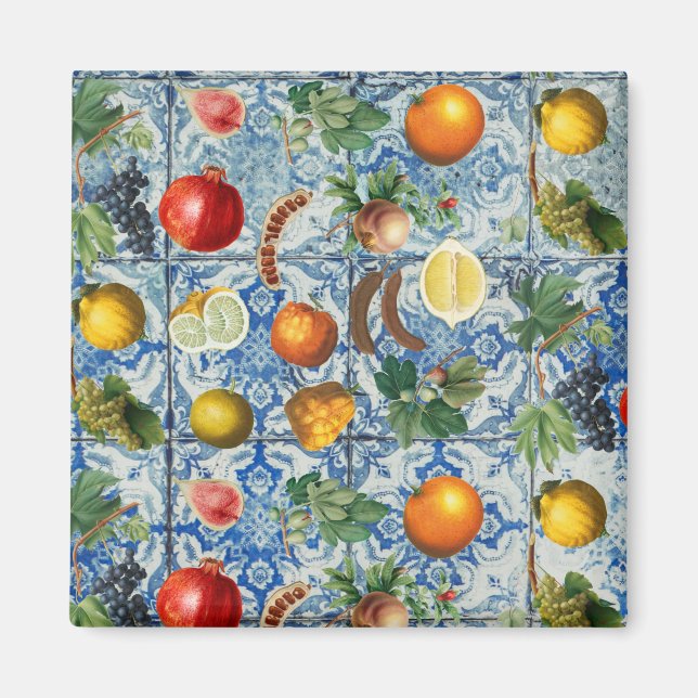 Aimant Fruit d'été méditerranéen & Mosaïque Bleue Blanc (Devant)