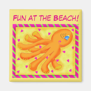 Aimant Fun at the Beach Whimsy Octopus Yellow Orange