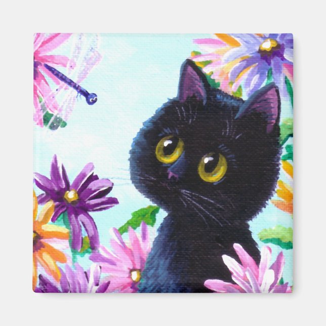 Aimant Funny Black Cat Dragonfly Daisies Créationarts (Devant)