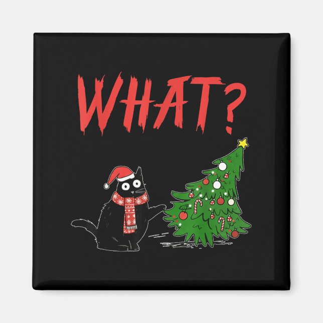 Aimant Funny Black Cat Gift Pushing Christmas Tree Over C (Devant)