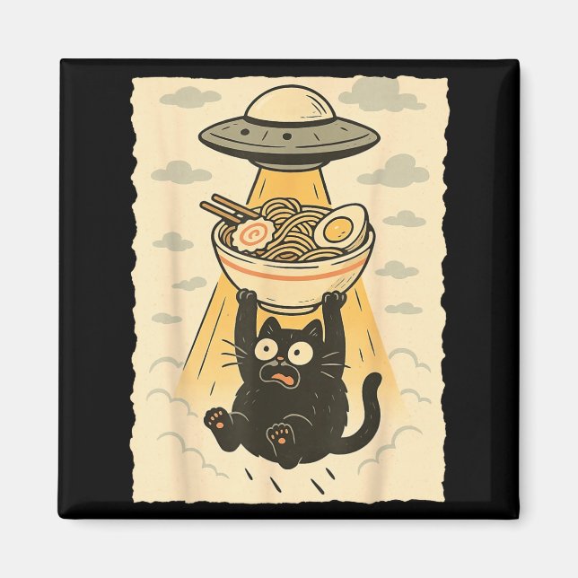 Aimant Funny Black Cat Ufo Ramen Alien Abduction Graphic  (Devant)