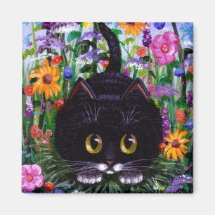Aimant Funny Black Tuxedo Fleurs de chats Créationarts