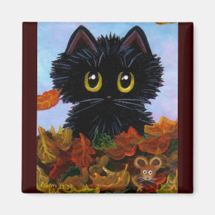 Aimant Funny Chat Souris Automne Feuilles Créationarts