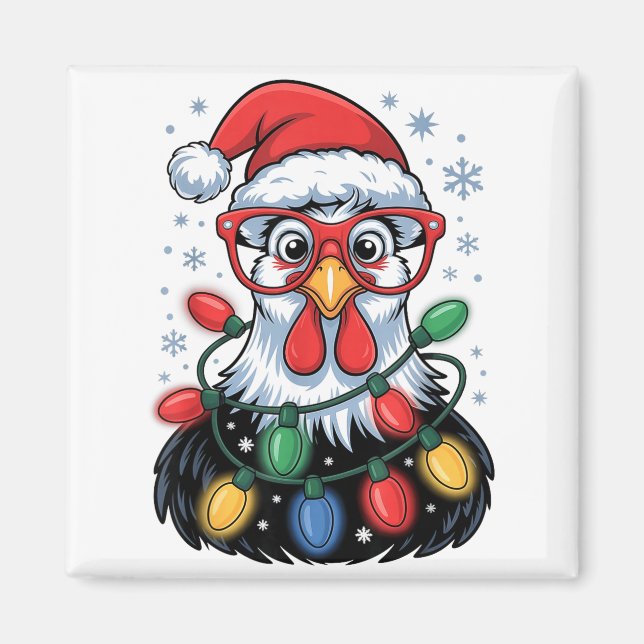 Aimant Funny Chicken Christmas Tree Lights Santa Hat Xmas (Devant)