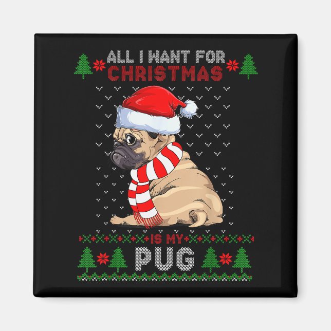Aimant Funny Dog Lovers Cute Pug Santa Hat Ugly Christmas (Devant)