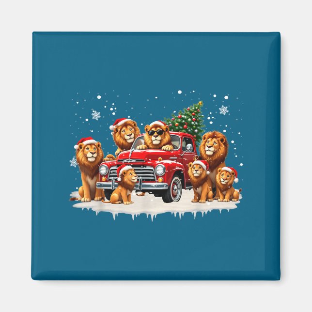Aimant Funny Lion Riding Christmas Tree Truck Christmas  (Devant)