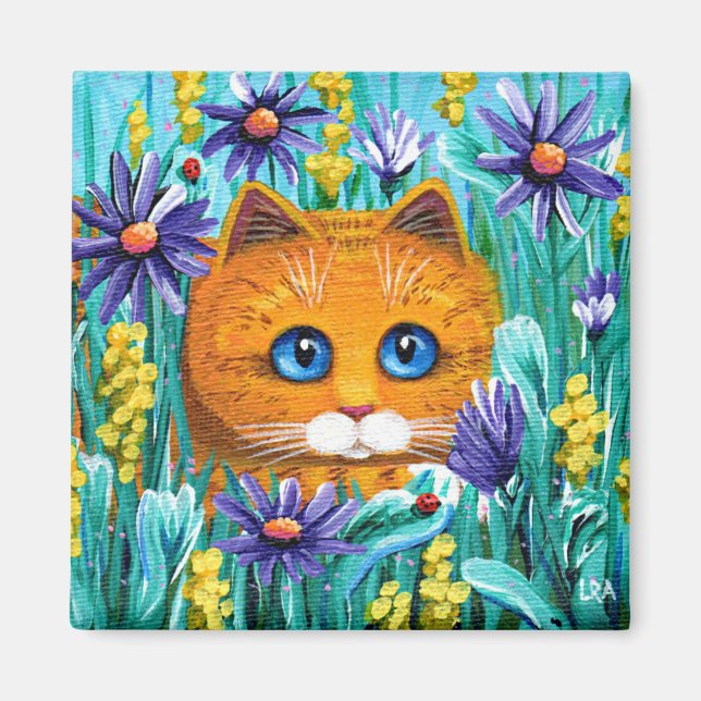 Aimant Funny Orange Tabby Chat Fleurs de souris Cat Créat (Devant)