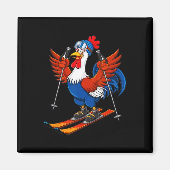 Aimant Funny Rooster Skiing Adventure Cartoon  (Devant)