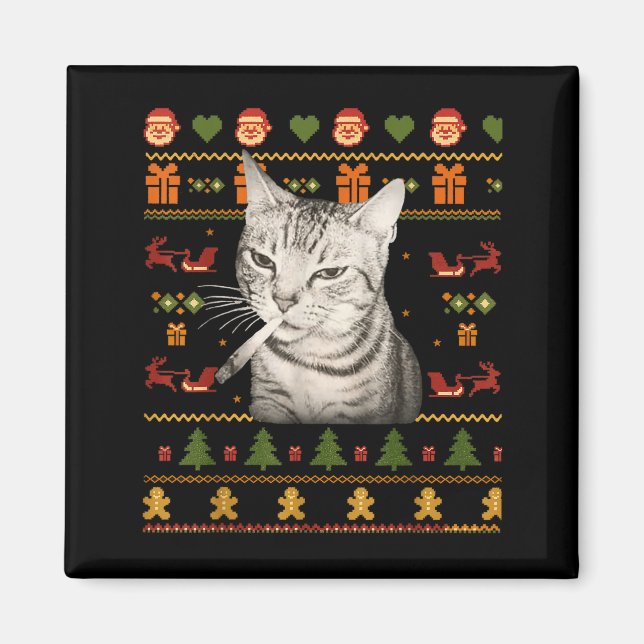 Aimant Funny Smoking Cat Meme Christmas Ugly Sweaters For (Devant)