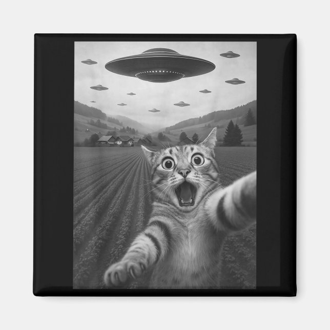 Aimant Funny Surprised Ed Cat Selfie With Alien Ufo Cat U (Devant)