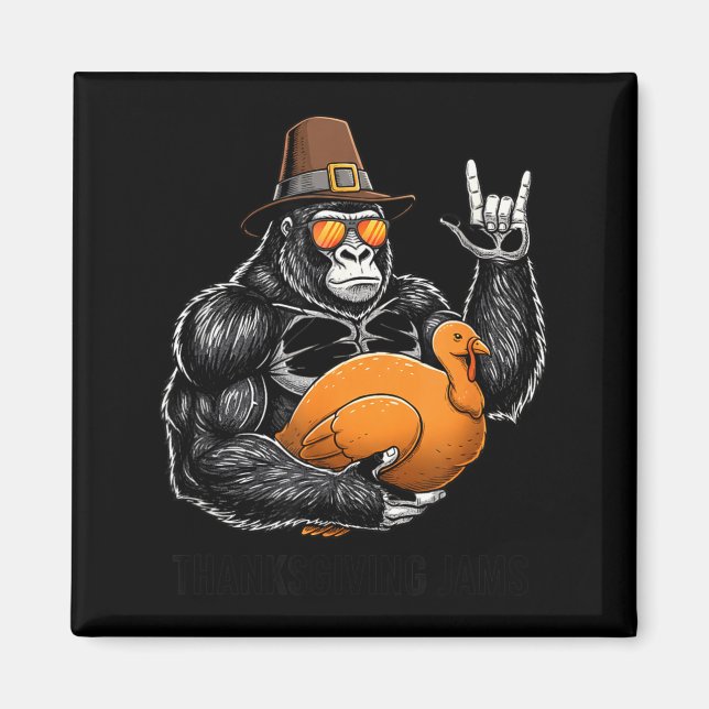 Aimant Funny Thanksgiving Gorilla Holding Turkey Lgrim Ha (Devant)