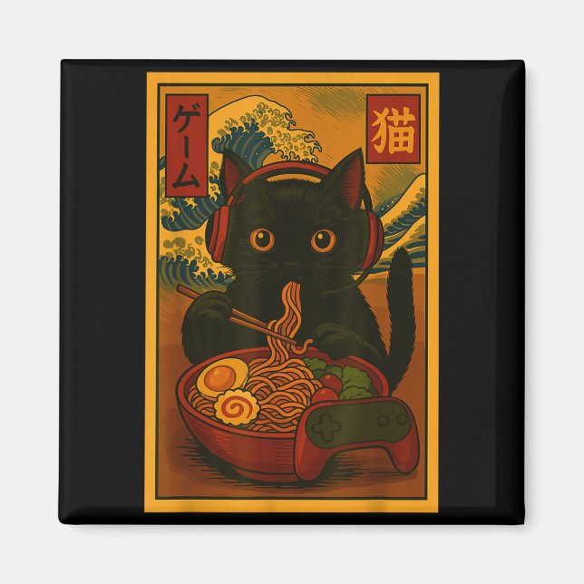 Aimant Gamer Cat Eating Ramen Japanese Style  (Devant)