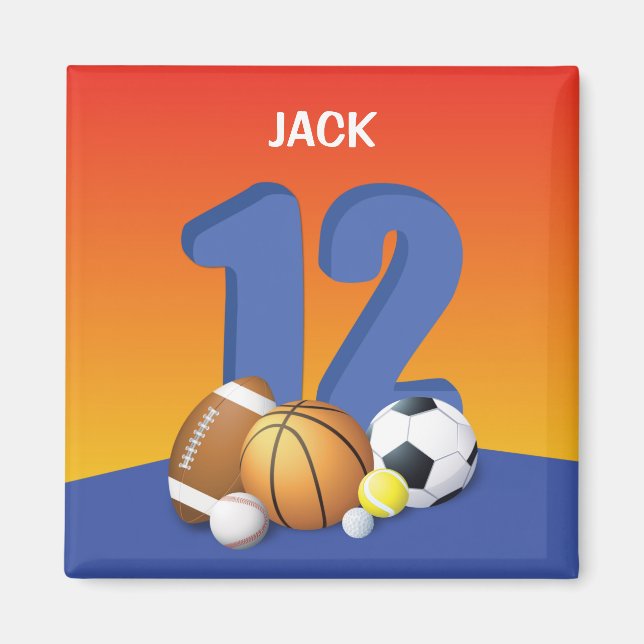 Aimant Garçon 12e anniversaire des balles de sport (Devant)