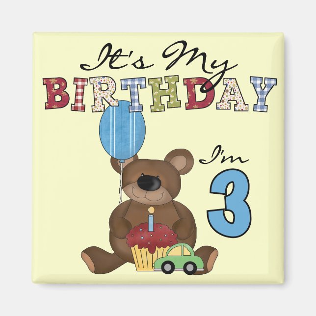 Aimant Garçon ours 3e anniversaire Tshirts et cadeaux (Devant)