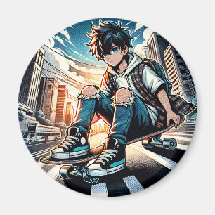 Aimant Garçon Pop Art sur skateboard en ville 
