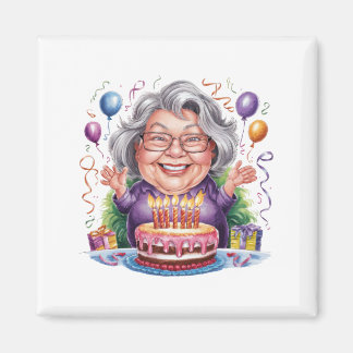 Aimant Gâteau d'anniversaire d'une vieille dame excitée A