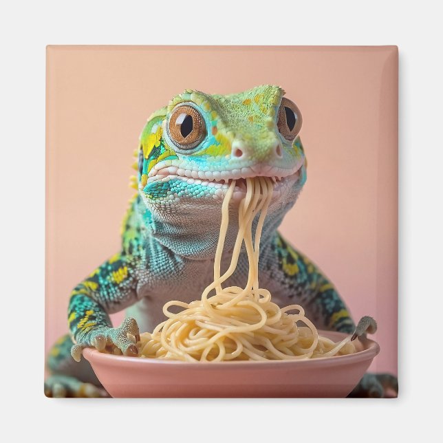 Aimant Gecko Drôle Manger Spaghetti (Devant)