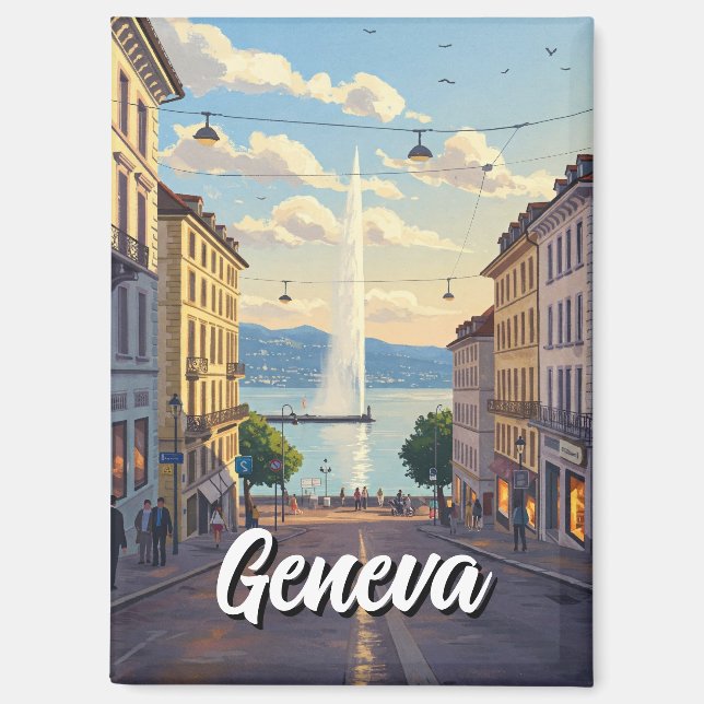 Aimant Geneva Street Suisse Travel Jet d'eau Sunset (Recto)