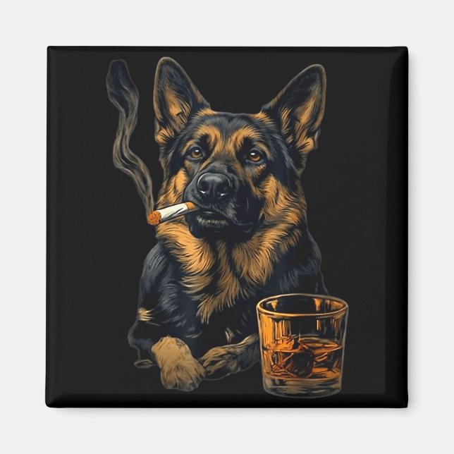 Aimant German Shepherd Dog Smoking Cigarette Whisky Lover (Devant)