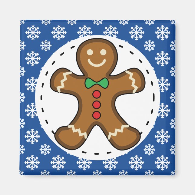 Aimant Gingerbread Man on Blue White Snowflakes (Devant)