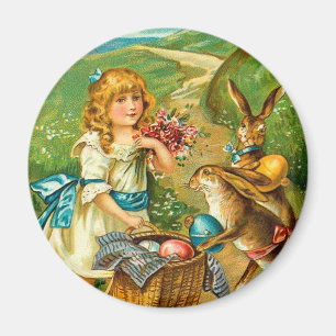 Aimant Girl & Bunnies Floral Vintage Paysage de Pâques