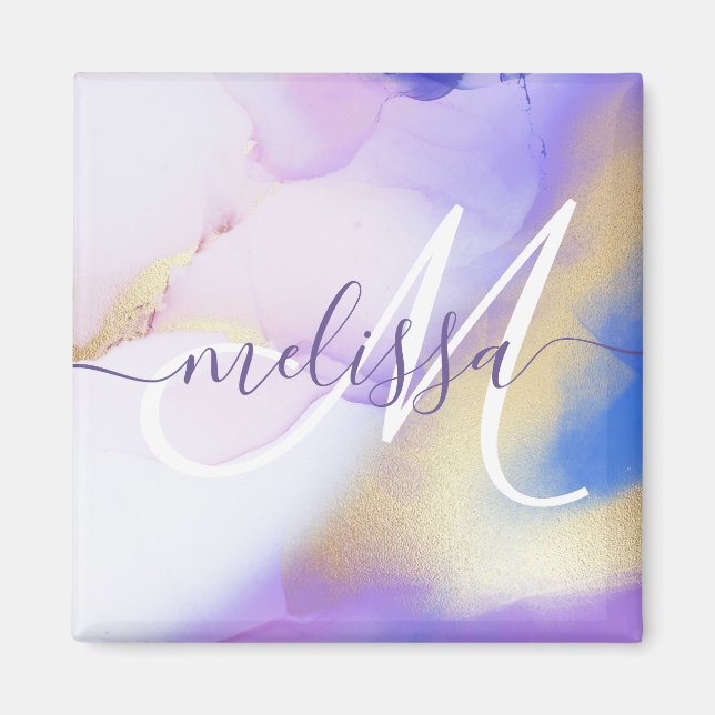 Aimant Glam Lilac Gold Abstrait Peinture Élégant Monogram (Devant)