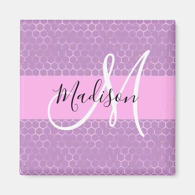Aimant Glam Lilas Métallisé Rose Nid d'abeille Monogramme (Devant)