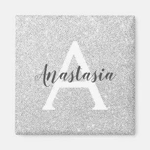 Aimant Glamour Féminin Argent Paillettes Monogramme Nom