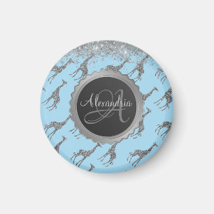Aimant Glitterie Giraffe Argent sur Dreamy Blue Monogramm