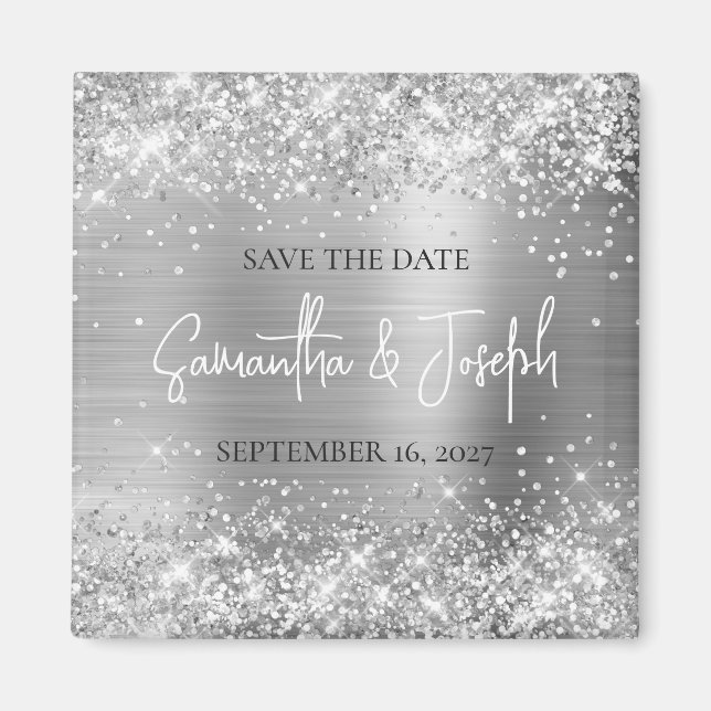 Aimant Glittery Silver Foil Wedding Enregistrer la date (Devant)