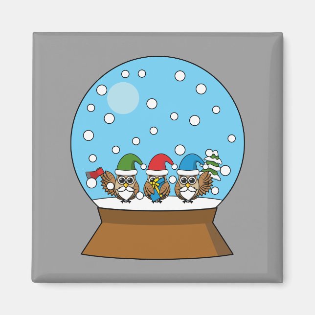 Aimant Globe des neiges avec trois Chouettes Gnomes (Devant)