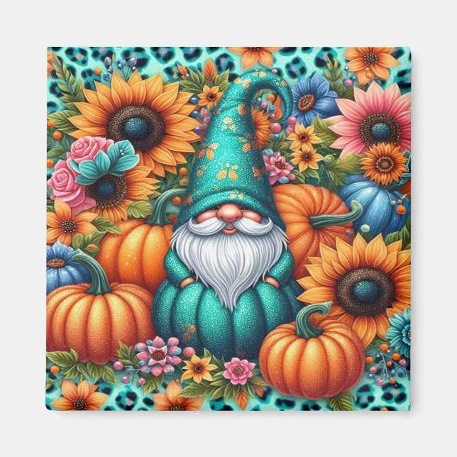 Aimant Gnome d'automne avec des Citrouilles et des fleurs (Devant)