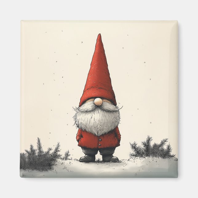 Aimant Gnome d'hiver joyeux en Casquette rouge (Devant)