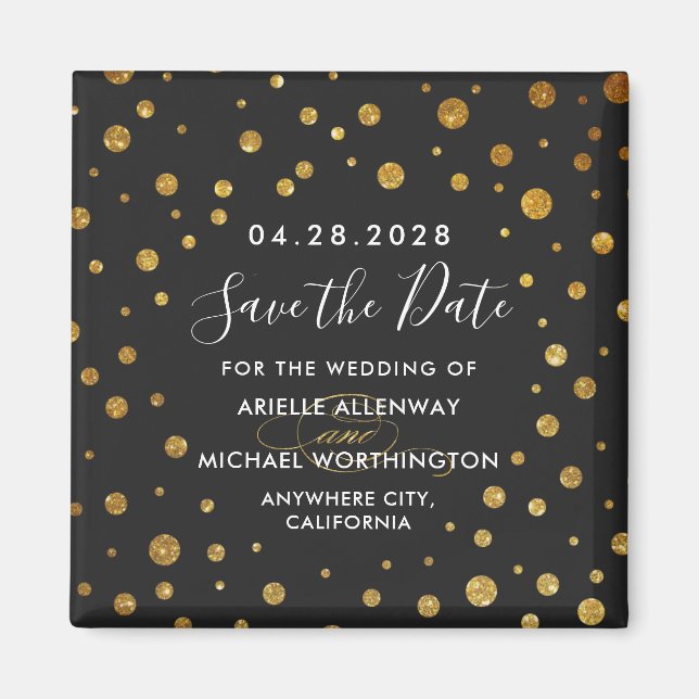 Aimant Gold Black Confetti Mariage Enregistrer la date Ma (Devant)