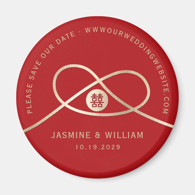 Aimant Gold Knot Union Double Bonheur Enregistrer La Date (Devant)
