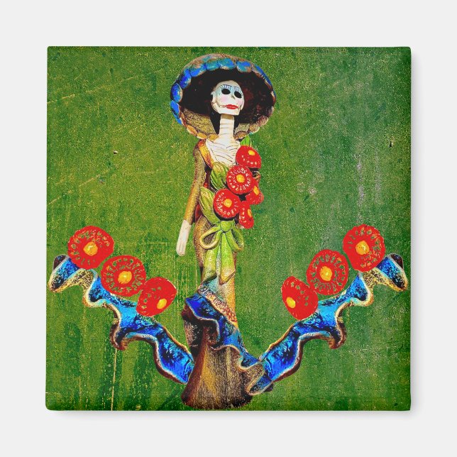 Aimant Golden Blue Antique Catrina sur Green Washed Boho (Devant)
