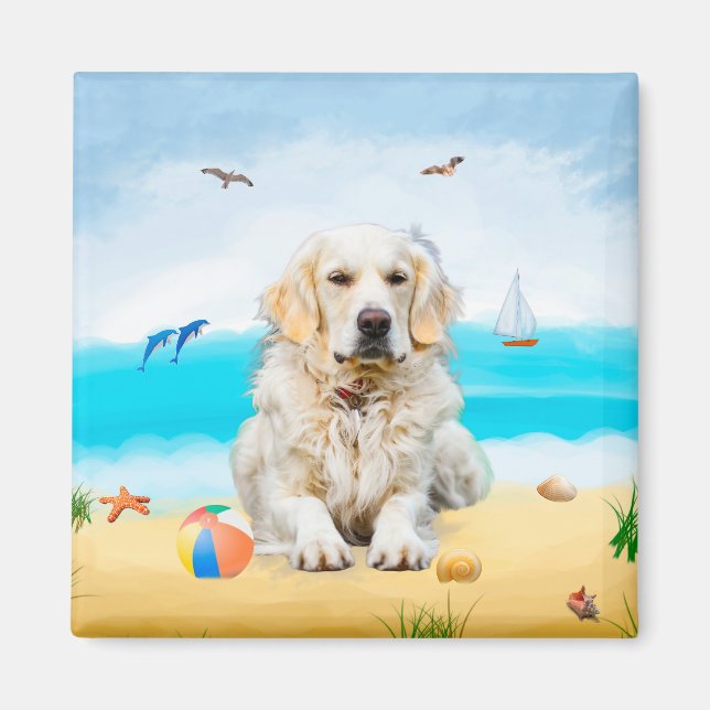 Aimant Golden Retriever Dog sur la plage (Devant)