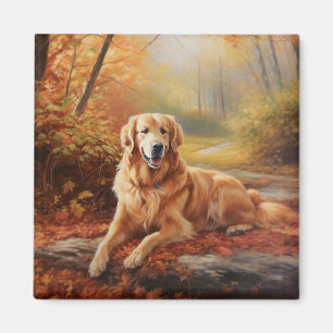 Aimant Golden Retriever en automne Leaves automne Inspire