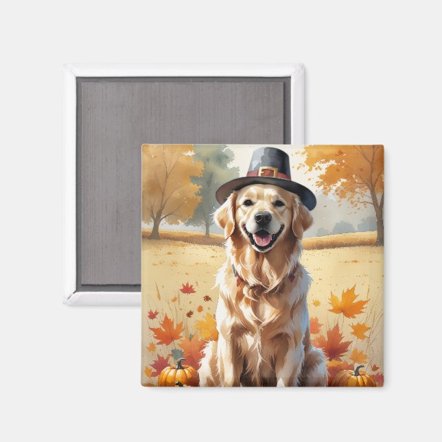 Aimant Golden Retriever En Automne Quitte L'Art Thanksgiv (Recto/Verso)