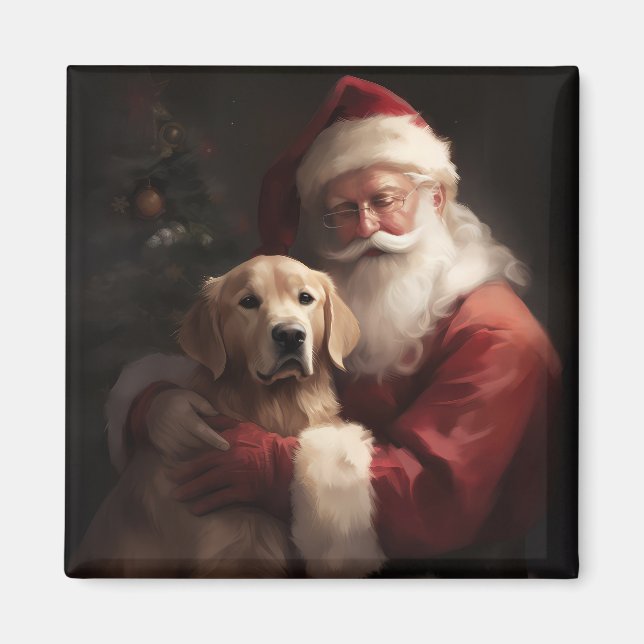Aimant Golden Retriever with Santa Clause Christmas (Devant)