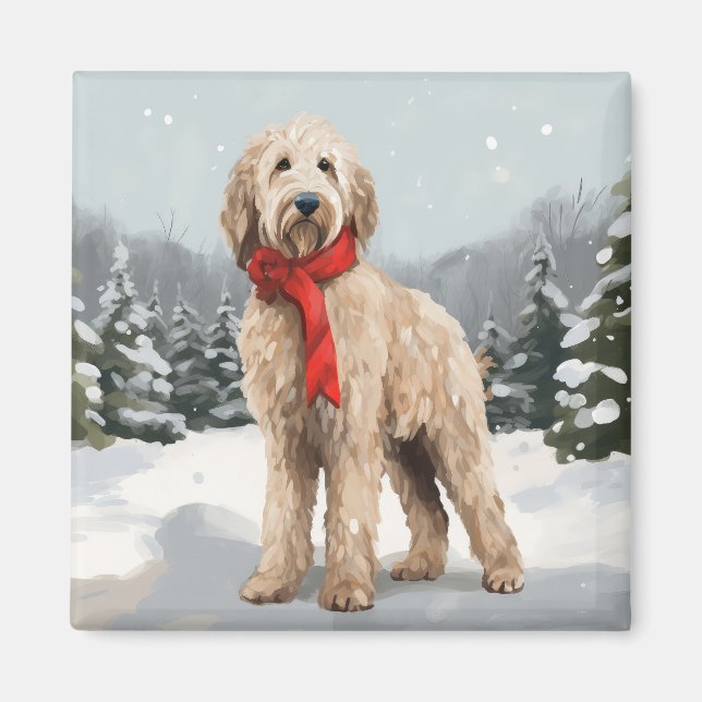 Aimant Goldendoodle Chien dans Noël de neige (Devant)