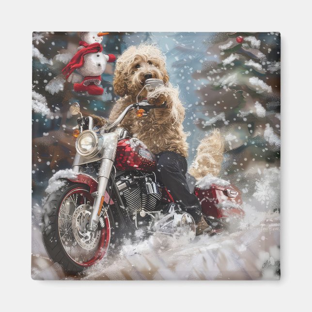 Aimant Goldendoodle Chien équitation Moto Noël (Devant)