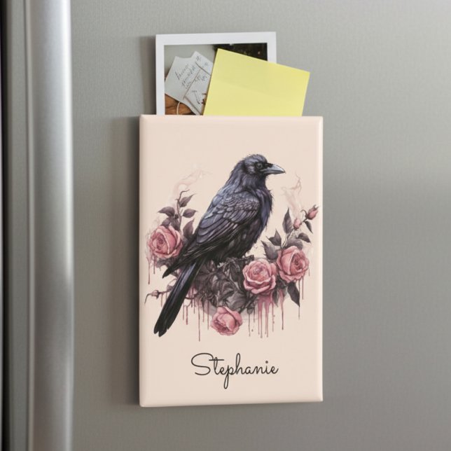 Aimant Gothique Couronne Florale Académie Sombre (Personalized black raven with roses magnet)