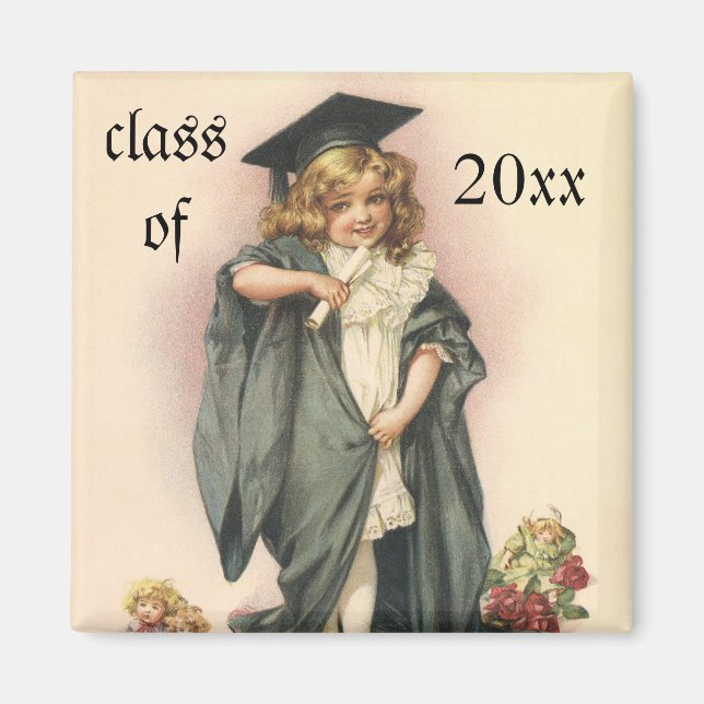 Aimant Graduation vintage, Fille portant un Casquette et  (Devant)