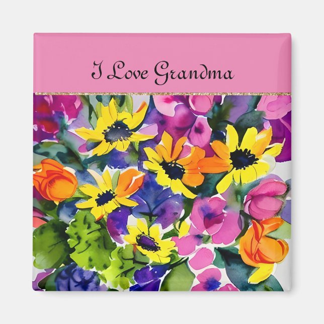 Aimant GRANDMA - J'aime grand-mère, fleurs d'aquarelle, (Devant)