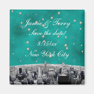 Aimant Gravure de la skyline de NYC 2 Teal Gold Save Date