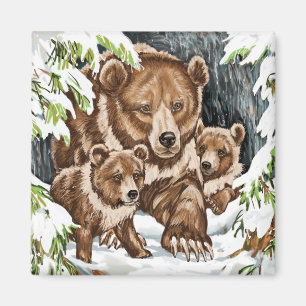 Aimant Grizzly Bear Mère et Cubs en hiver