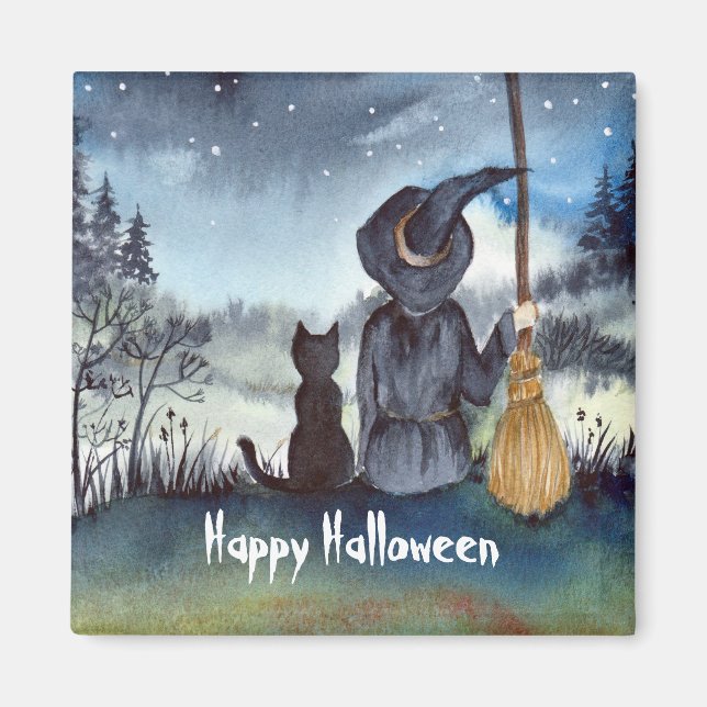 Aimant Halloween Chat noir et la Sorcière étoile nuit (Devant)