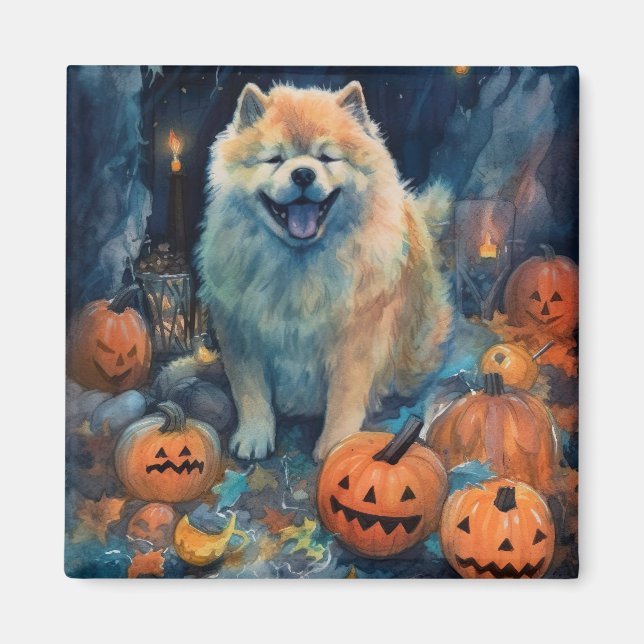 Aimant Halloween Chow Chow Avec La Peur Citrouille (Devant)