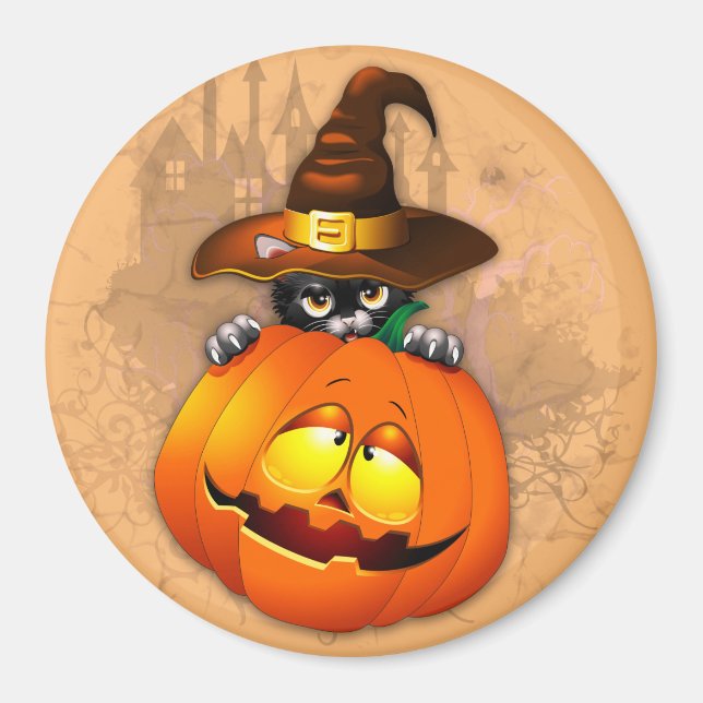 Aimant Halloween Cute Kitty Witch et ami Citrouille (Devant)